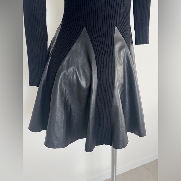 Black Mock Neck Rib Knit Stretch Long Sleeve A Line Faux Leather Mini Dress - Picture 2 of 7